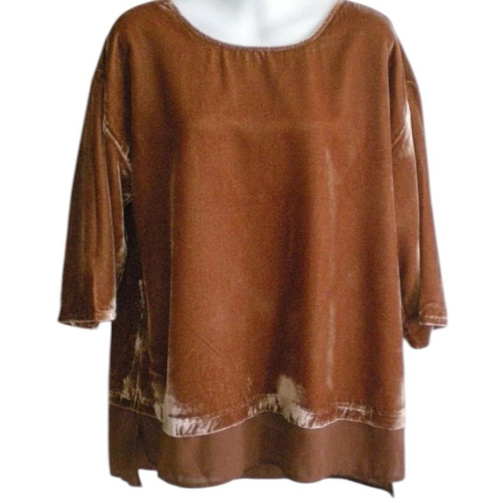 Soft Surroundings M Gisella Crush Velvet Top Sienna Burnt Orange Rust 3/4 Sleeve